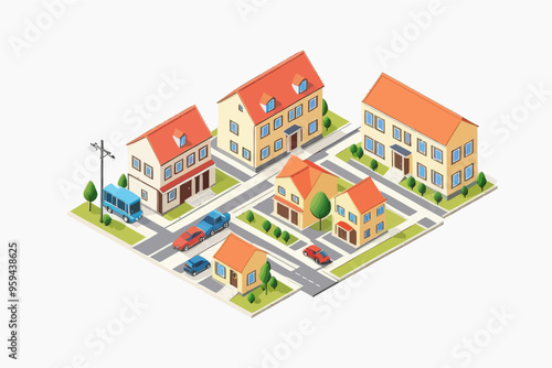 Housing Development: A Cartoon Illustration of a Quaint Town with Homes, Cars, and Trees