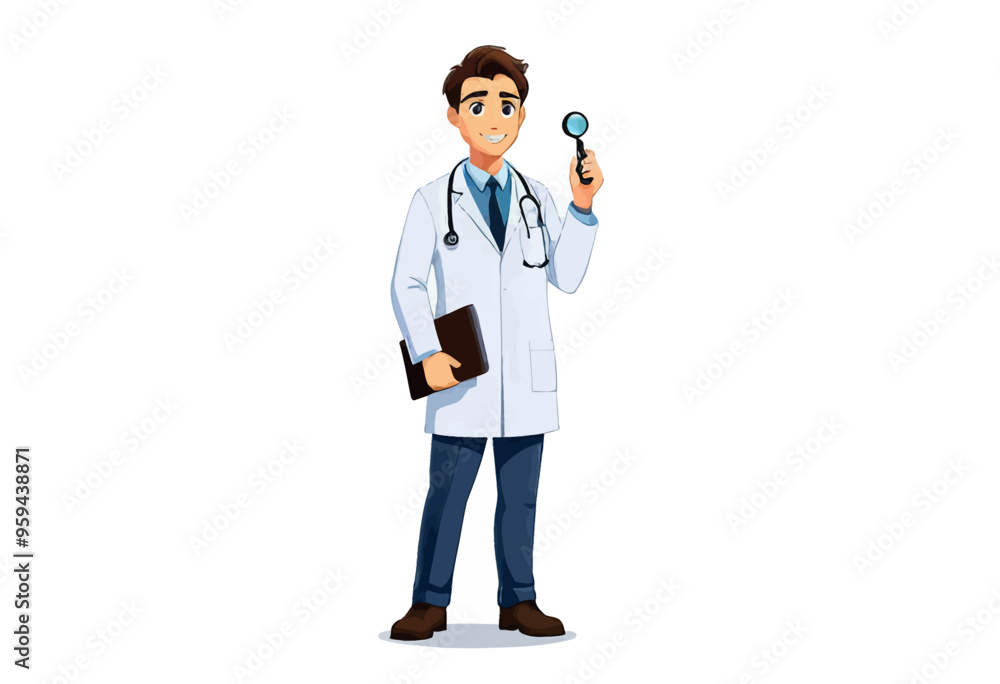 Medical Professional in White Coat and Stethoscope, Holding Book and Looking at Patient Medical Professional in White Coat and Stethoscope, Holding Book and Looking at Patient