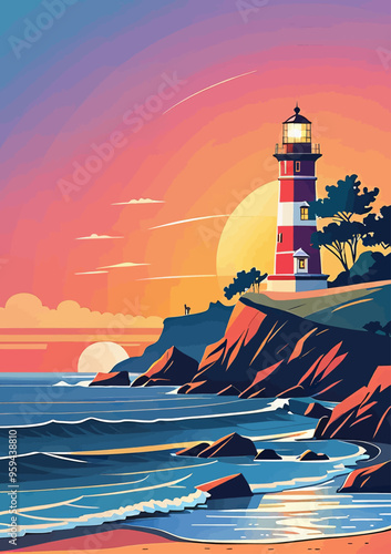 Lighthouse on a cliff overlooking the ocean at sunset
