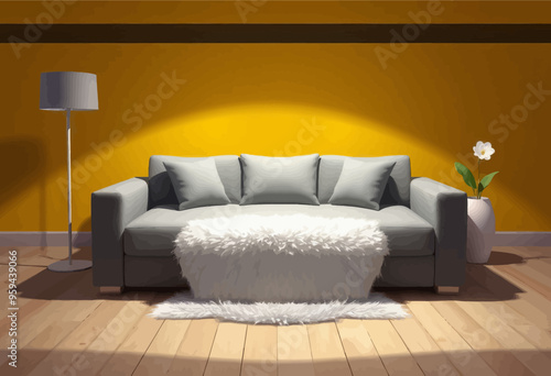 Modern Living Room with Yellow Wall and White Fur Throw