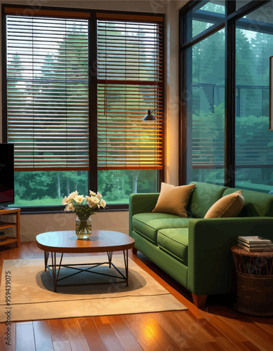 Modern Living Room with Large Windows and Green Sofa