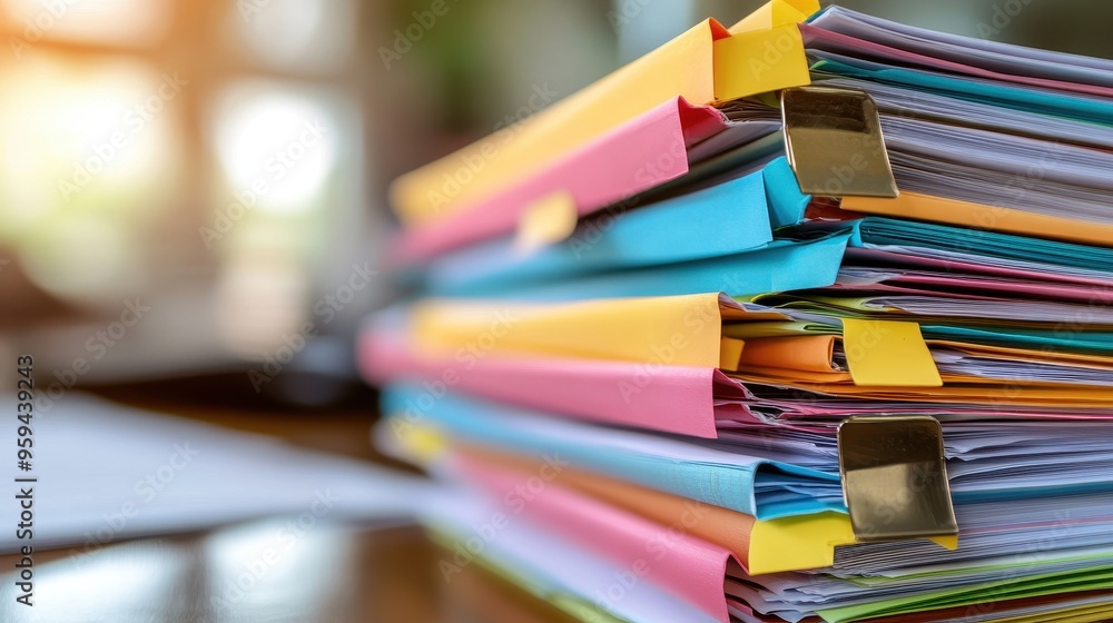 Colorful folders stacked neatly on a desk, ideal for organizing documents in an office or educational environment.