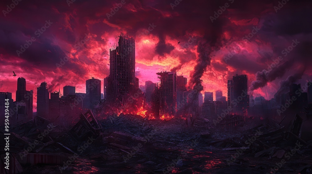 Obraz premium Apocalypse City - Dystopian Urban Landscape with Collapsed Skyscrapers, Dark Clouds, and Red Horizon in Digital Painting Style