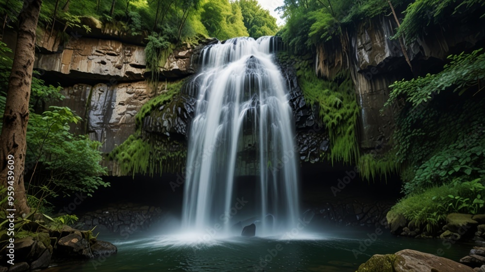 High waterfall in dense forest with a clear blue sky above High waterfall in dense forest with a clear blue sky above