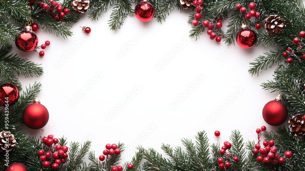 Festive Christmas border of evergreen branches, ornaments, and berries, perfect for holiday invitations or seasonal decor. Festive Christmas border of evergreen branches, ornaments, and berries, perfect for holiday invitations or seasonal decor.