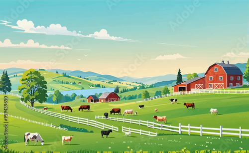 Peaceful Countryside Scene with Red Barn and Grazing Cows