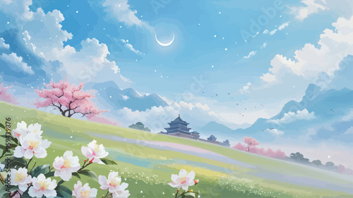 Peaceful Spring Garden with Pink Flowers and Traditional Chinese Architecture