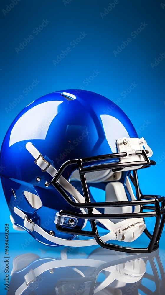 Fototapeta premium Blue American Football Helmet with Black Facemask on Blue Background