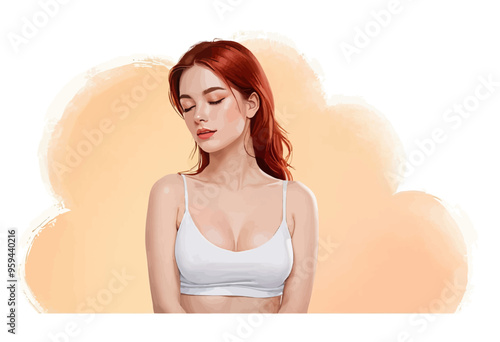 Red-haired woman in white tank top, closed eyes, and serene expression, with soft, warm background hues