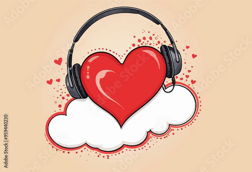 Red Heart with Headphones and Heartbeat Sound Waves