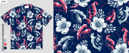 aloha summer fashion, tropical gradient flowers seamless pattern, artwork on hawaiian shirt fashion mockup, elegance hibiscus flora abstract, shirt mockup llustration