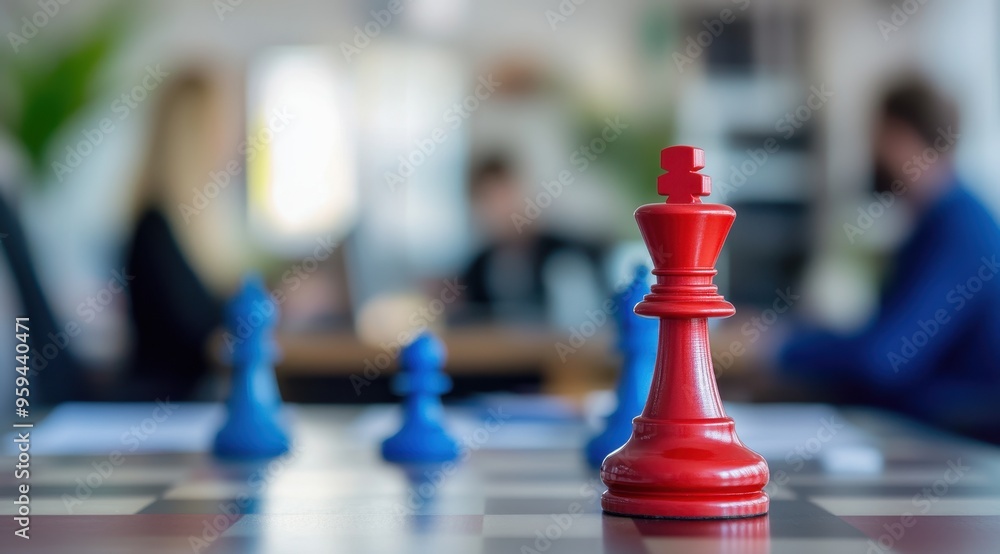 A red and blue chess piece in the foreground, on an office desk with two people working behind it, out of focus. A red and blue chess piece in the foreground, on an office desk with two people working behind it, out of focus.