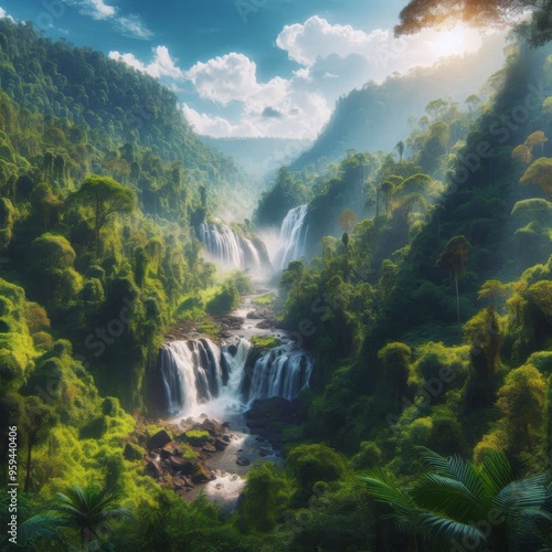 High waterfall in dense forest with a clear blue sky above