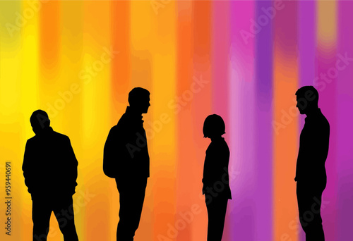 Silhouettes of four people standing in front of a vibrant, colorful background