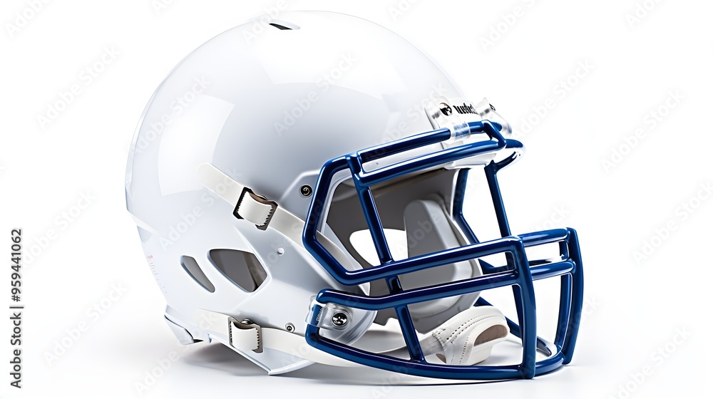 White Football Helmet with Blue Facemask Isolated on White Background White Football Helmet with Blue Facemask Isolated on White Background