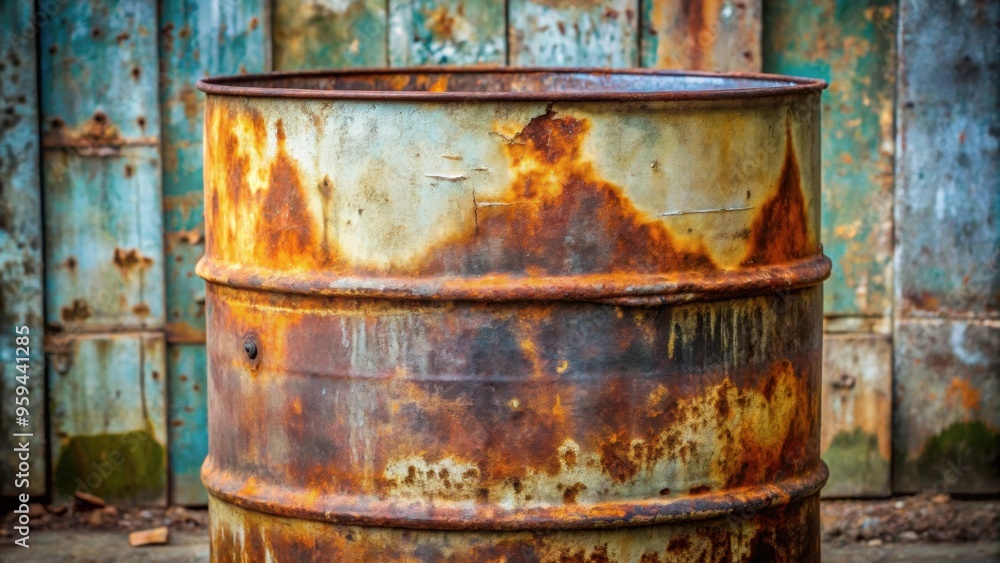 Rusty barrel an old, weathered metal barrel with rust patches and a worn appearance , weathered, aged, corroded Rusty barrel an old, weathered metal barrel with rust patches and a worn appearance , weathered, aged, corroded