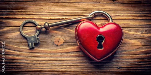 Close-up of a heart-shaped lock with a vintage key placed next to it, heart, key, love, romance, symbol, unlock, access