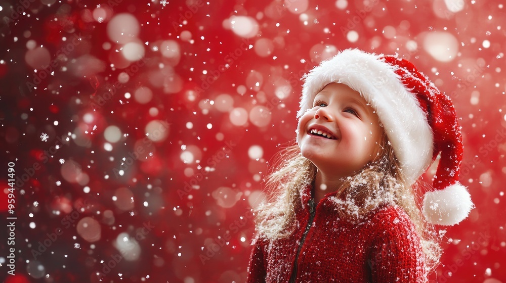 Joyful Child in Santa Hat Amidst Snowfall on Festive Red Background Joyful Child in Santa Hat Amidst Snowfall on Festive Red Background