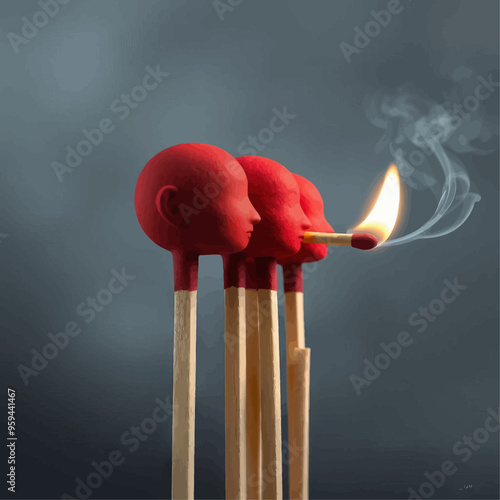 Three-dimensional artistic representation of human heads on sticks with a lit match