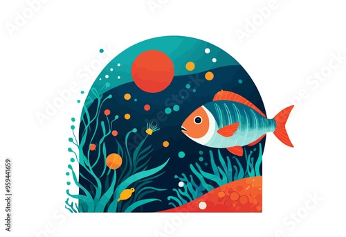 Underwater Scene with Orange and Blue Fish and Bubbles