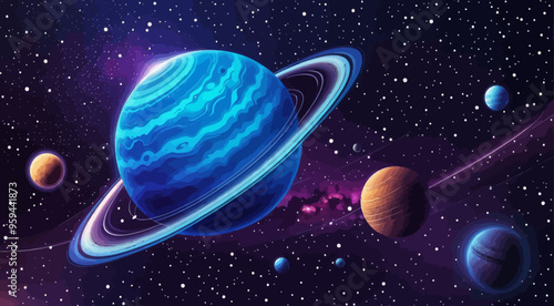 Vibrant Cosmic Scene with Saturn and Moons