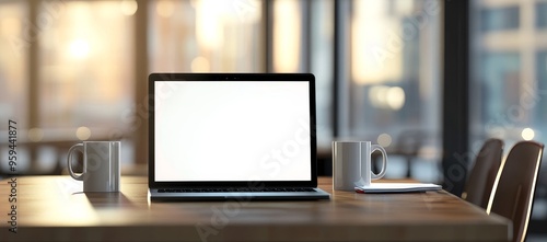 Wallpaper Mural Laptop with blank screen, two coffee mugs, and a notepad on a wooden table in a modern office setting. Torontodigital.ca
