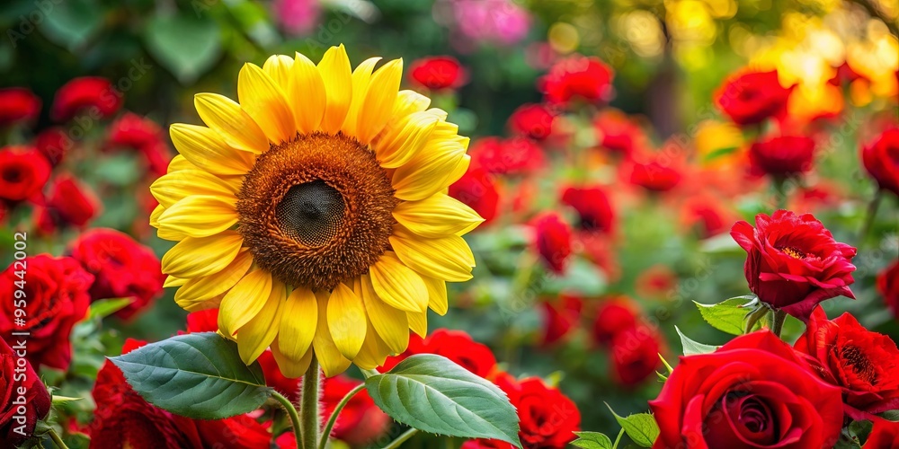Naklejka premium Stunning yellow sunflower surrounded by red roses in a vibrant garden