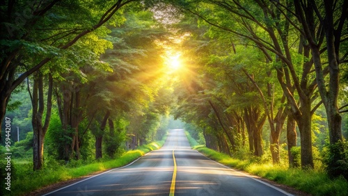 Softly blurred road surrounded by lush greenery and sunlight peeking through the trees