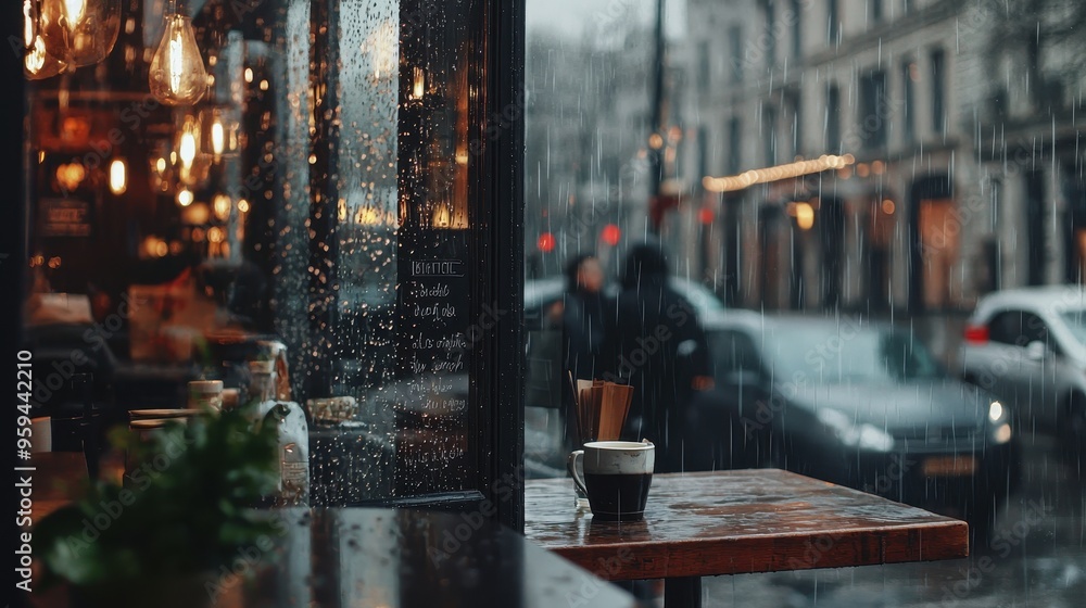 Obraz premium Rainy Day Coffee Shop Window View with Cup on Table