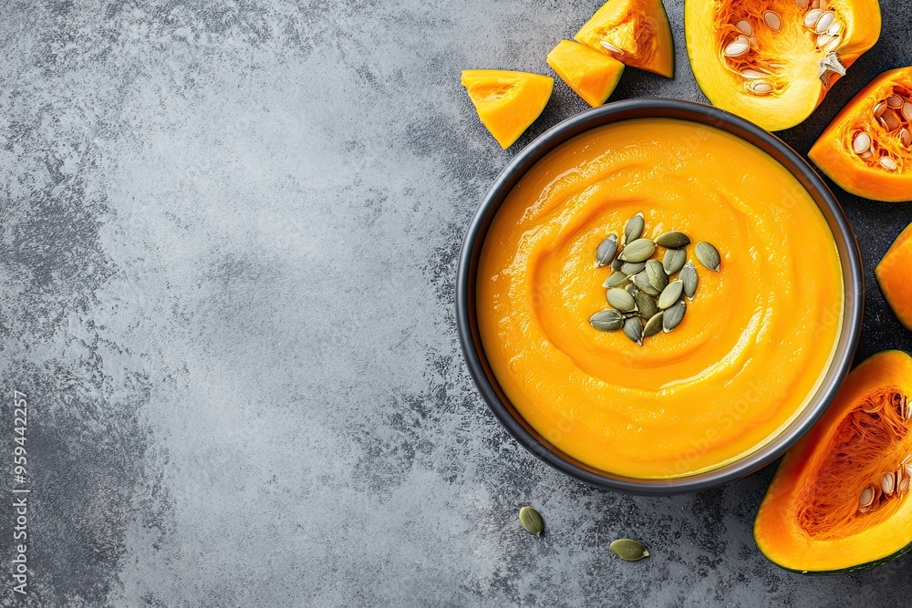 Autumn pumpkin cream soup with seeds is healthy organic vegetarian food. Vegan vegetable soup on grey background. Top view. Autumn pumpkin cream soup with seeds is healthy organic vegetarian food. Vegan vegetable soup on grey background. Top view.