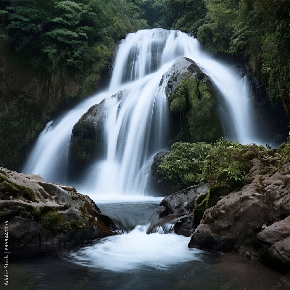 Obraz premium A cascading waterfall plunges down a rocky cliff, surrounded by lush greenery.