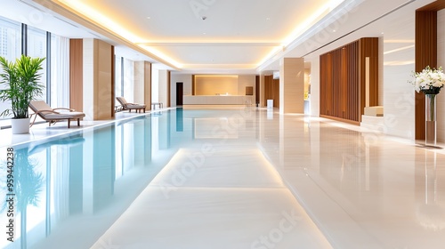 A peaceful image of a spa s indoor pool area with soft lighting, elegant decor, and the calming sound of water, inviting relaxation and rejuvenation, photo