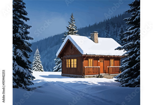 Warm and inviting wooden cabin nestled in a snowy mountain landscape