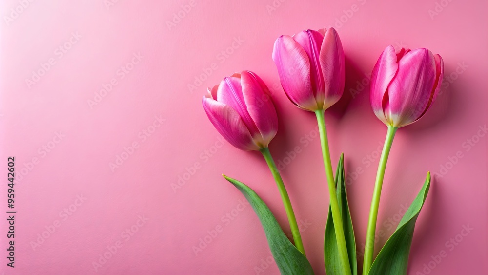 Three vibrant pink tulips with prominent green stems on a pink background Three vibrant pink tulips with prominent green stems on a pink background
