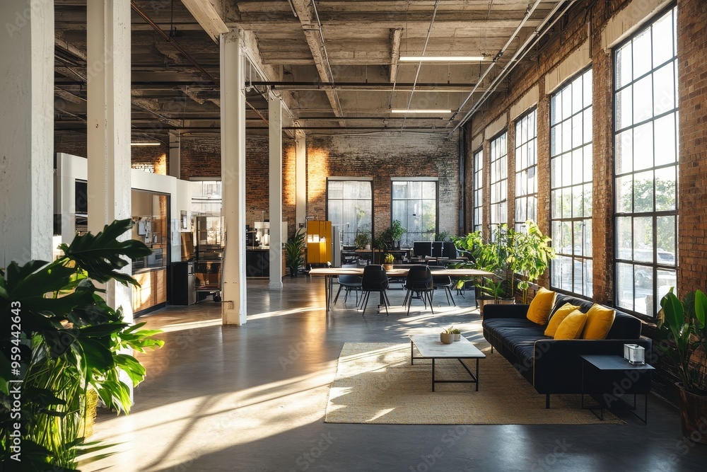 Modern loft office with exposed brick walls, large windows, and a comfortable lounge area. Modern loft office with exposed brick walls, large windows, and a comfortable lounge area.