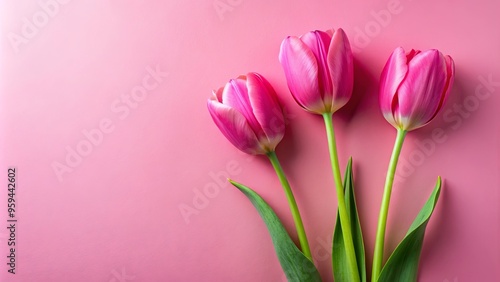 Wallpaper Mural Three vibrant pink tulips with prominent green stems on a pink background Torontodigital.ca