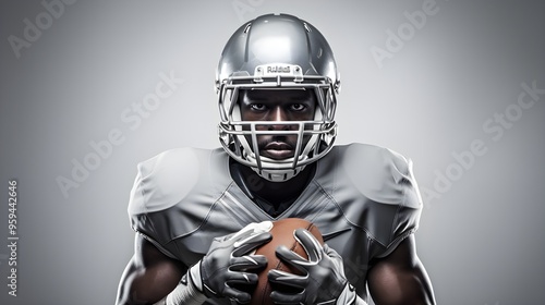 American Football Player in Helmet Holding Ball