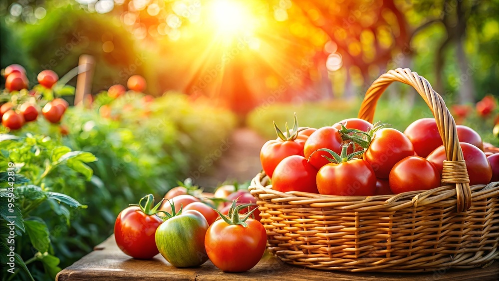 Freshly harvested red tomatoes gleaming in the sun in a bountiful garden Freshly harvested red tomatoes gleaming in the sun in a bountiful garden