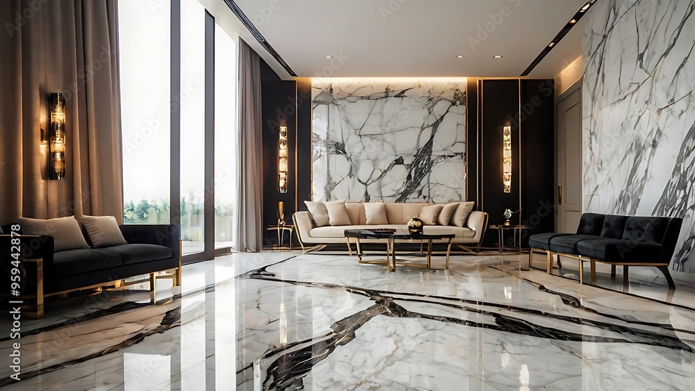 Fototapeta premium Premium modern bedroom interior design with marble tiles. premium lights and wooden covered room for luxurious persons. Hotel room design .Profile light design with marble stone