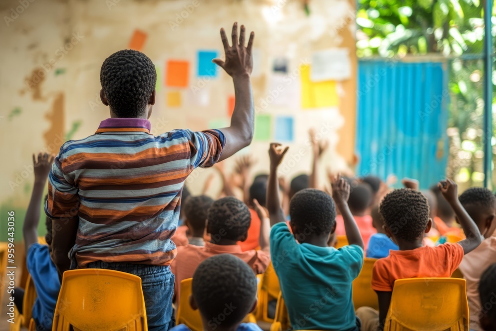 Fototapeta premium children learning in classroom together raising their hand to ask question