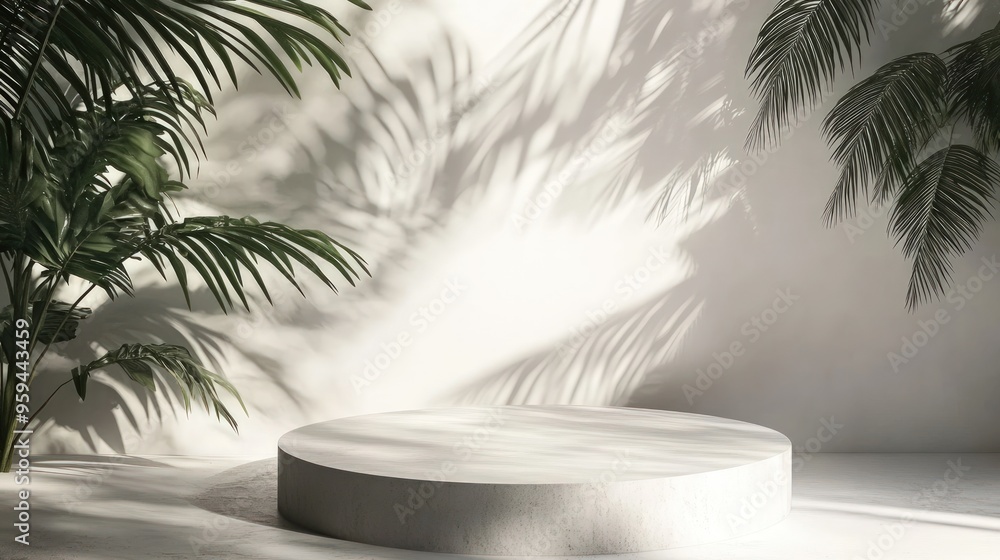 Fototapeta premium A white round podium with palm tree shadows in a white room.
