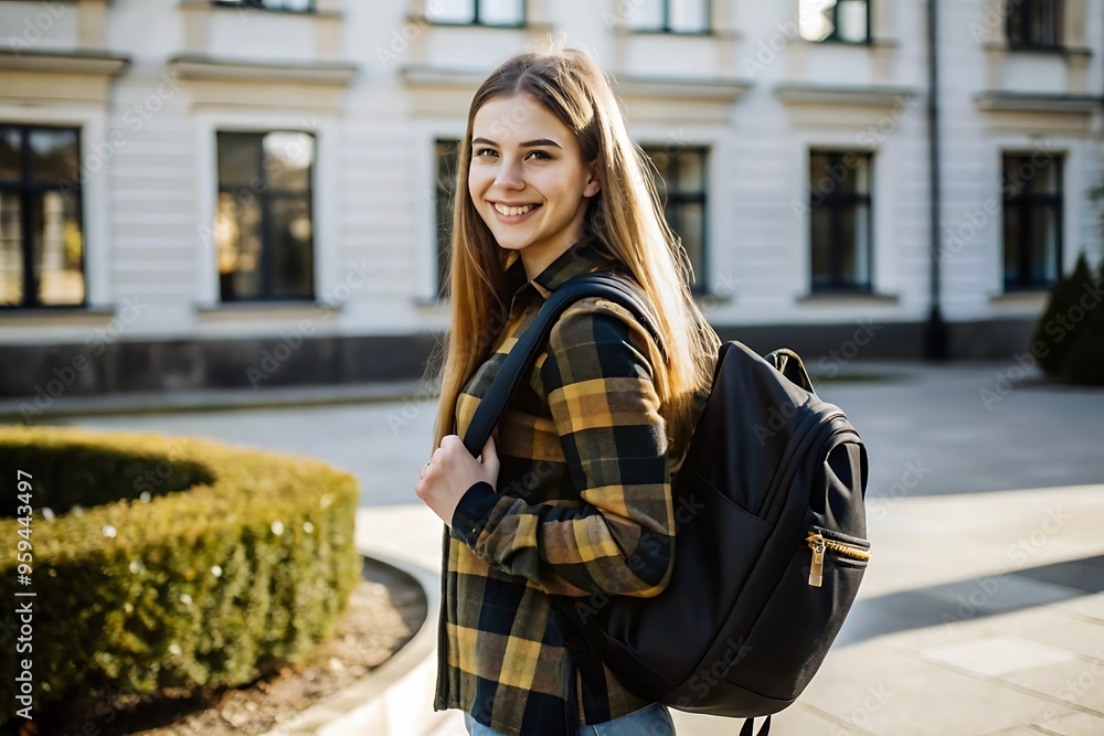 Fototapeta premium Happy Young Woman with Backpack in Front of Building.