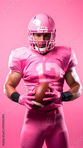 Pink Football Player Holding Ball in Pink Uniform Against Pink Background