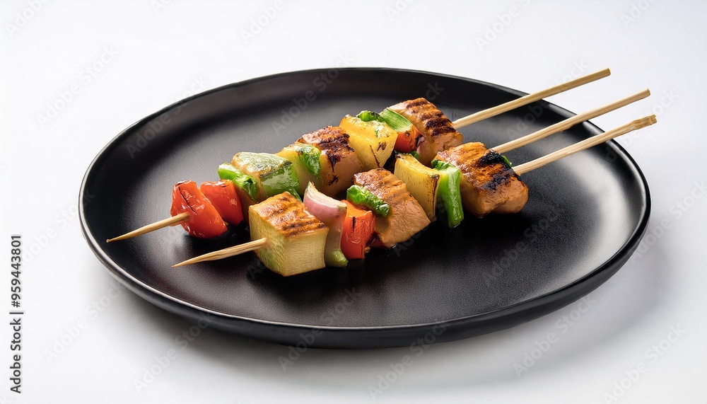 Yakitori on black plate with white background isolated Yakitori on black plate with white background isolated