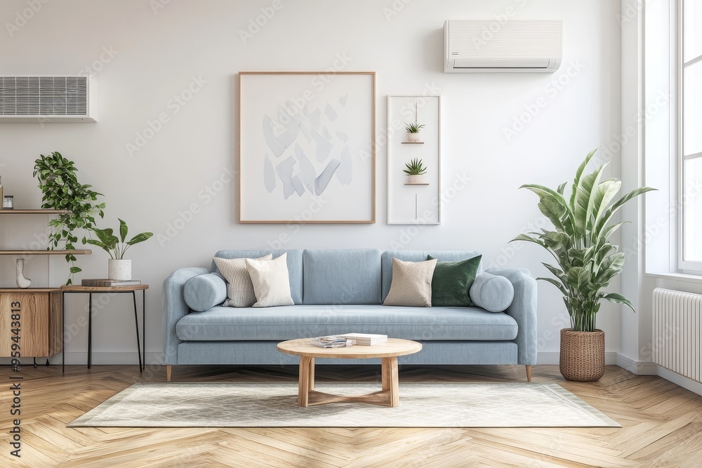 Light and airy living room with a blue sofa, wooden coffee table, and plants. Light and airy living room with a blue sofa, wooden coffee table, and plants.