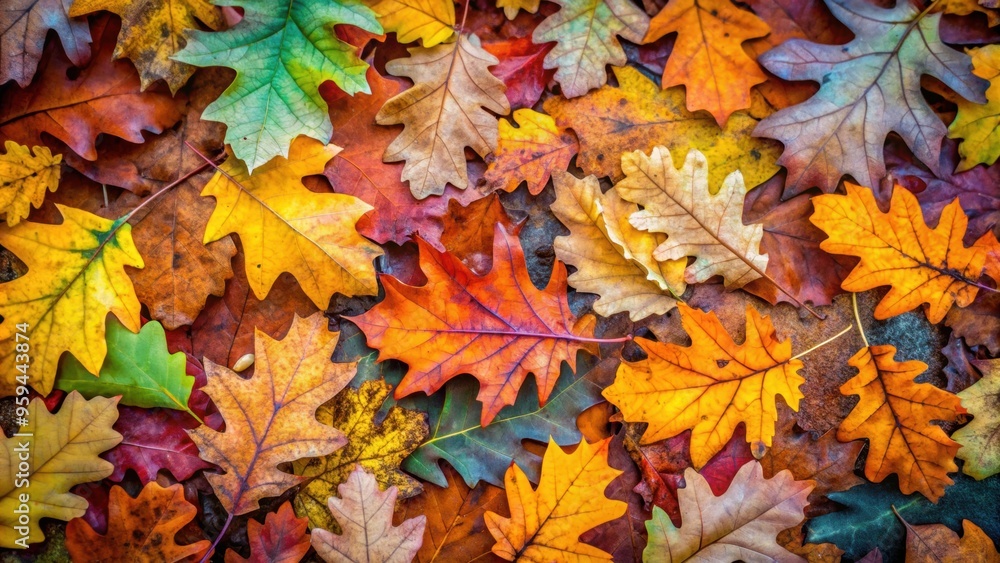 Colorful fallen oak leaves on the ground , autumn, foliage, nature, seasonal, vibrant, red, orange, yellow, brown, tree Colorful fallen oak leaves on the ground , autumn, foliage, nature, seasonal, vibrant, red, orange, yellow, brown, tree