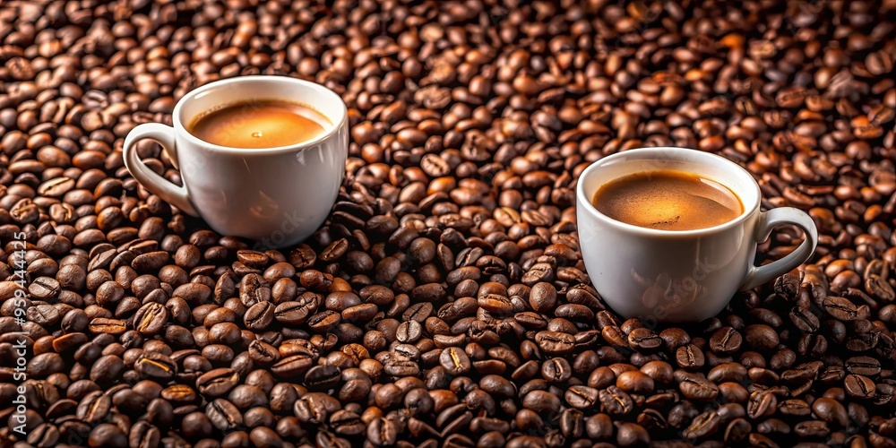 Two cups of coffee placed on top of coffee beans with a separate pile of roasted beans nearby Two cups of coffee placed on top of coffee beans with a separate pile of roasted beans nearby
