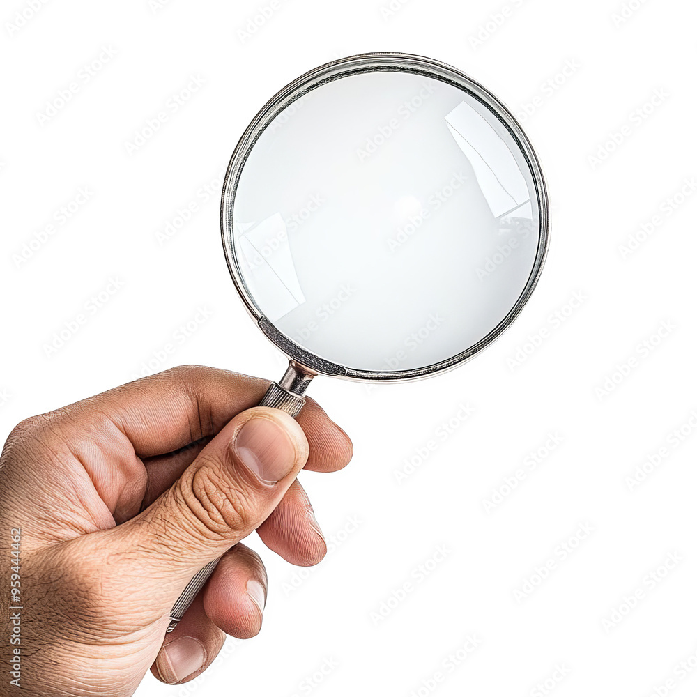 Close-up of a hand holding a magnifying glass against a white background, emphasizing the concept of focus, search, and inspection. Close-up of a hand holding a magnifying glass against a white background, emphasizing the concept of focus, search, and inspection.