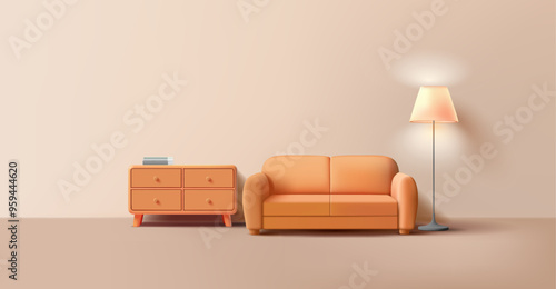 Realistic interior, 3D. A sofa, a floor lamp, a bookshelf. Rest room, guest room. Banner for advertising home coziness and comfort. Vector illustration.