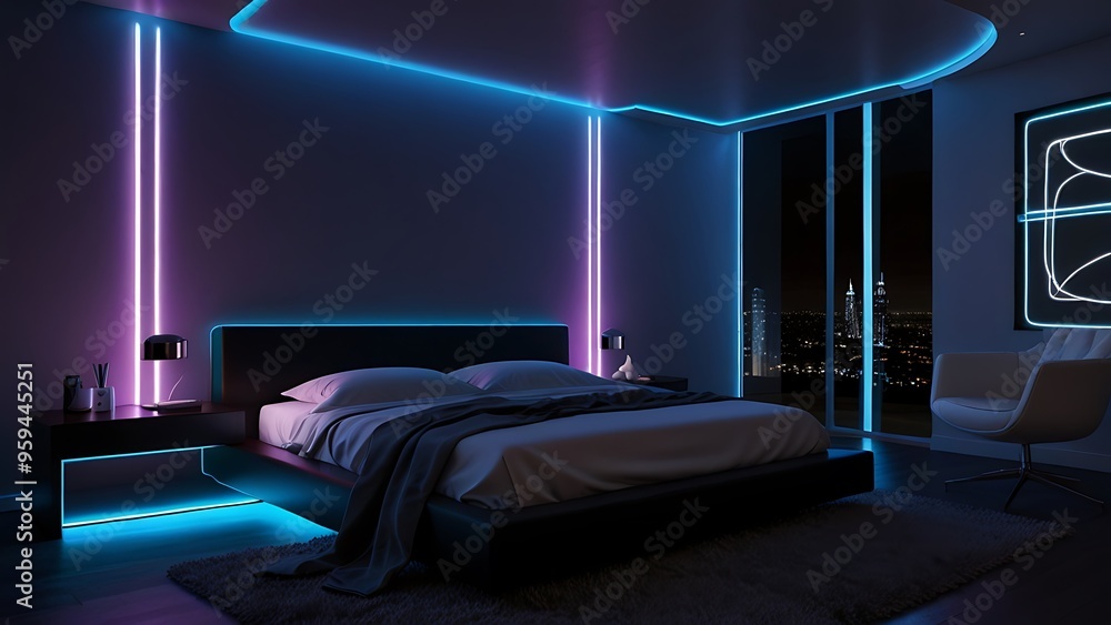modern living room interior design with neon light . perfect for gaming ...
